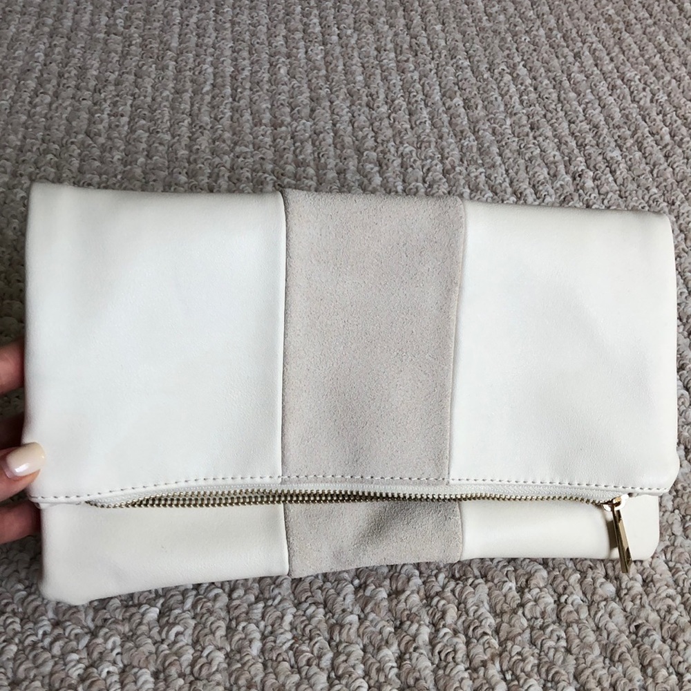 Cream colored Leather and suede stripe clutch